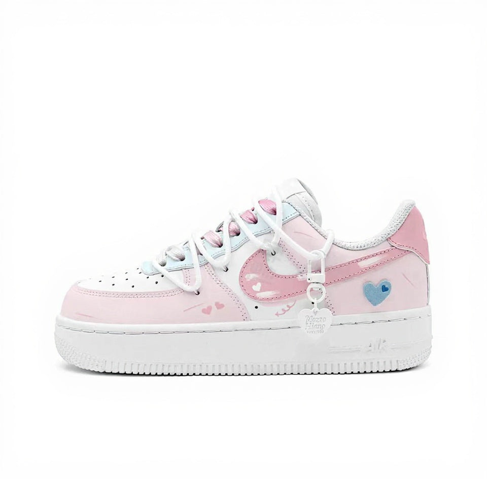 【Custom Sneakers】 Nike Air Force 1 Low GS "Reverse Sweethearts" - Limited Edition Dual-Tone Skate Shoes with Anti-Slip Outsole & Special Collector's Box in Powder Blue / Vintage Pink