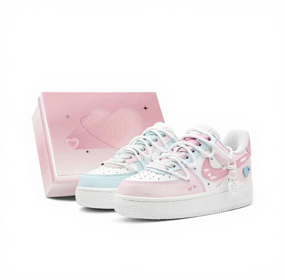【Custom Sneakers】 Nike Air Force 1 Low GS "Reverse Sweethearts" - Limited Edition Dual-Tone Skate Shoes with Anti-Slip Outsole & Special Collector's Box in Powder Blue / Vintage Pink