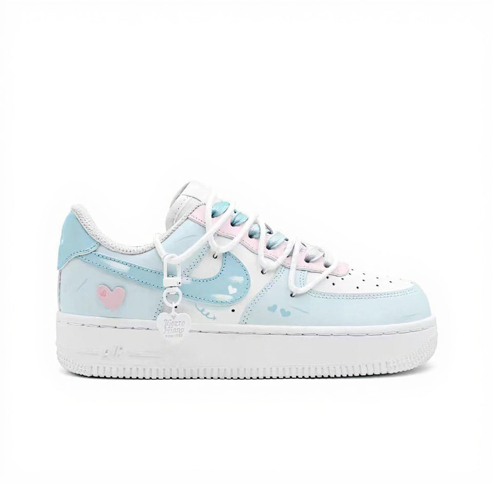 【Custom Sneakers】 Nike Air Force 1 Low GS "Reverse Sweethearts" - Limited Edition Dual-Tone Skate Shoes with Anti-Slip Outsole & Special Collector's Box in Powder Blue / Vintage Pink