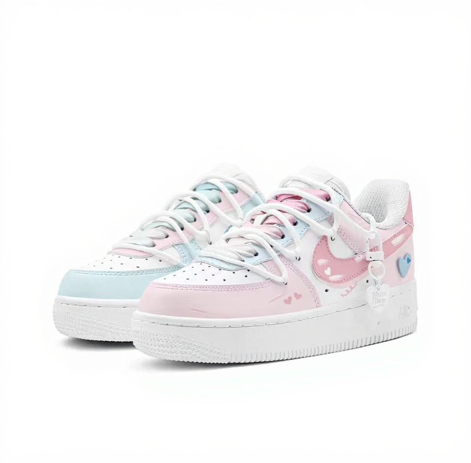 【Custom Sneakers】 Nike Air Force 1 Low GS "Reverse Sweethearts" - Limited Edition Dual-Tone Skate Shoes with Anti-Slip Outsole & Special Collector's Box in Powder Blue / Vintage Pink