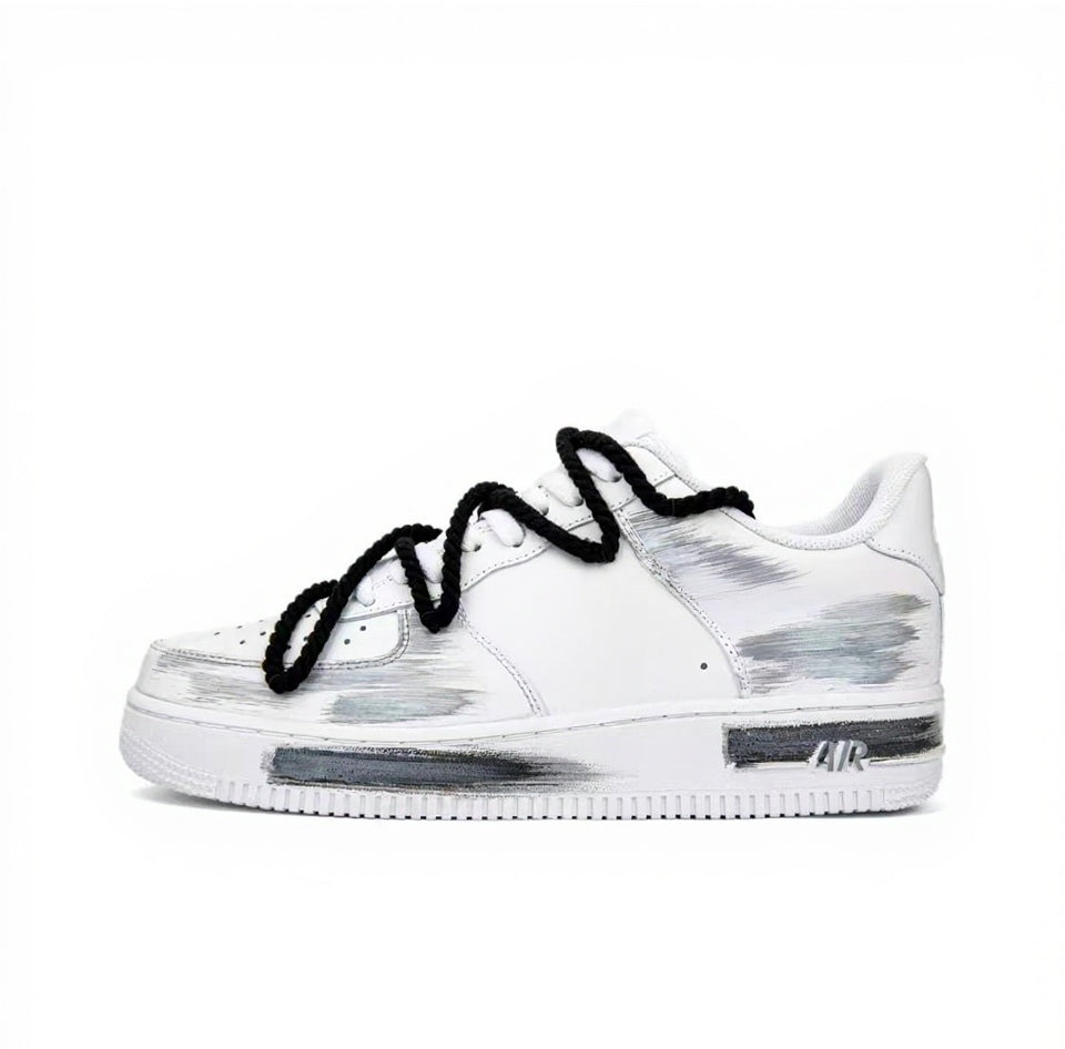 【Custom Sneakers】 Nike Air Force 1 Low "Fractured Chrono" - Deconstructed Tri-Shadow Swoosh Hand-Painted Skate Shoes Unisex Cement Grey