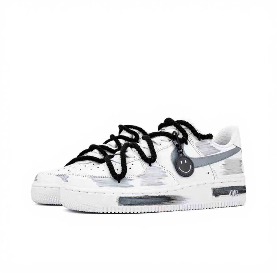 【Custom Sneakers】 Nike Air Force 1 Low "Fractured Chrono" - Deconstructed Tri-Shadow Swoosh Hand-Painted Skate Shoes Unisex Cement Grey