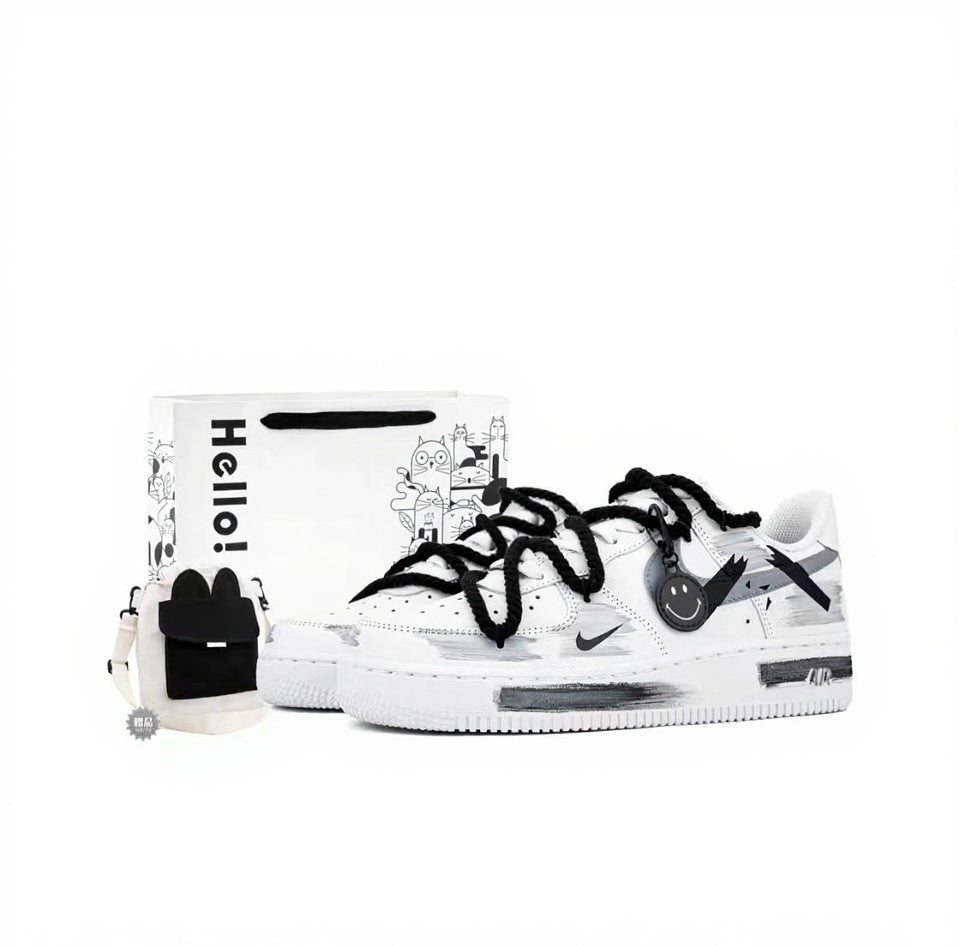 【Custom Sneakers】 Nike Air Force 1 Low "Fractured Chrono" - Deconstructed Tri-Shadow Swoosh Hand-Painted Skate Shoes Unisex Cement Grey