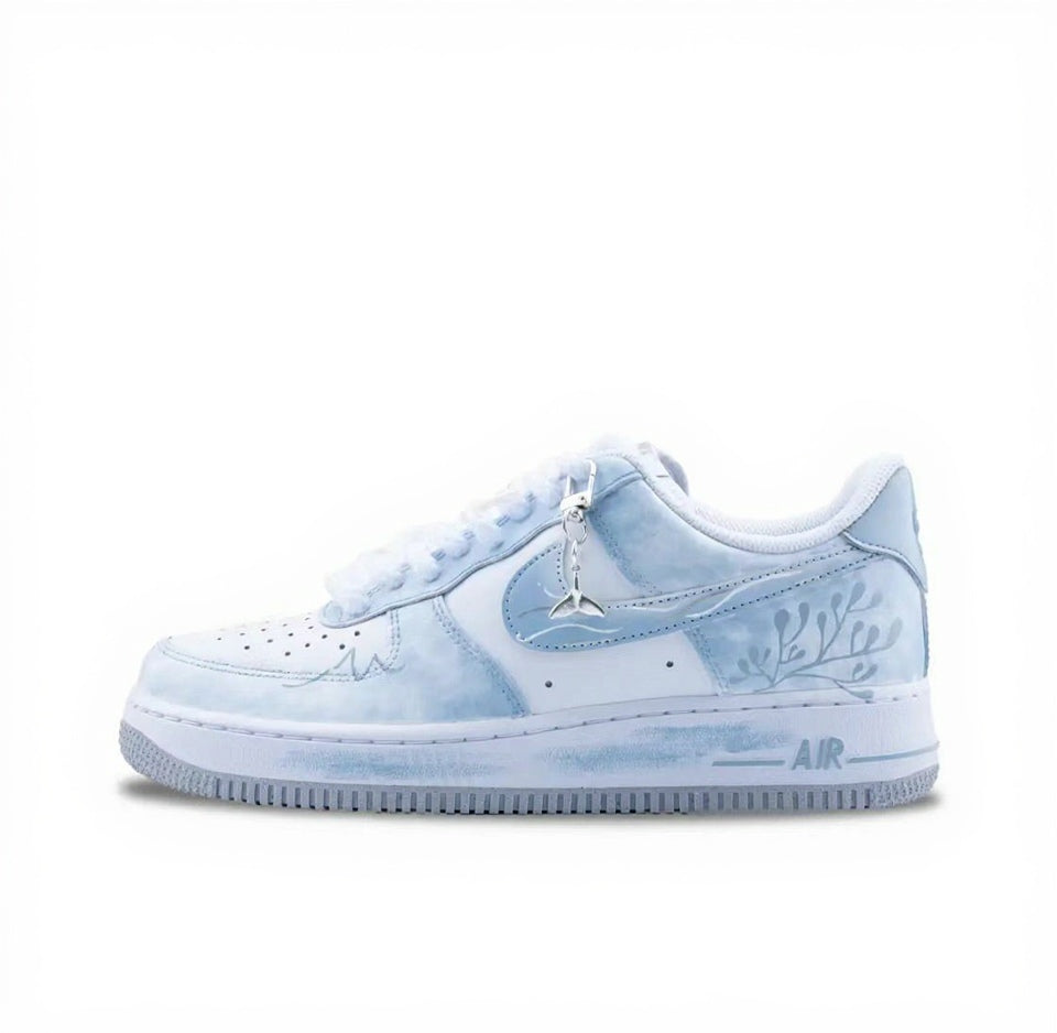 【Custom Sneakers】 Nike Air Force 1 Low Ethereal Spirit - Neo-Chinese Ink Wash Hand-Painted Skate Shoes Men's Celestial Blue with Dual Cloud Dye Laces & Jade Pendant