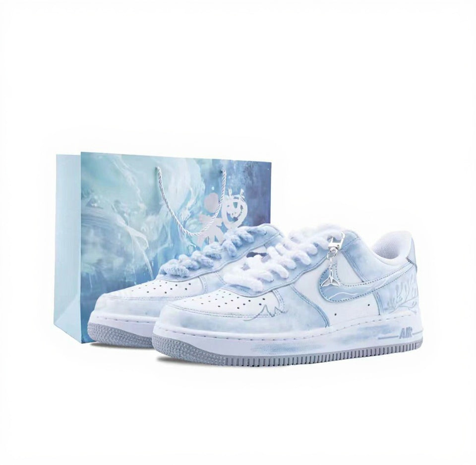 【Custom Sneakers】 Nike Air Force 1 Low Ethereal Spirit - Neo-Chinese Ink Wash Hand-Painted Skate Shoes Men's Celestial Blue with Dual Cloud Dye Laces & Jade Pendant