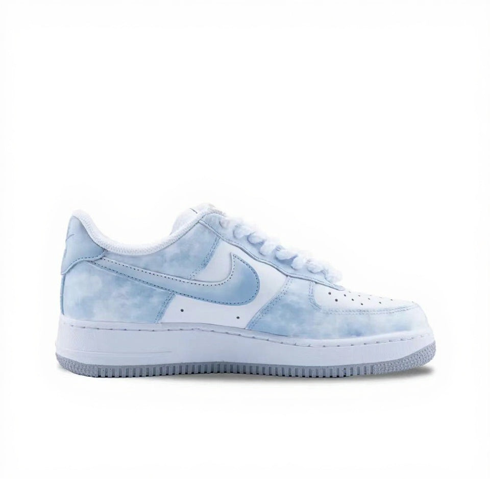 【Custom Sneakers】 Nike Air Force 1 Low Ethereal Spirit - Neo-Chinese Ink Wash Hand-Painted Skate Shoes Men's Celestial Blue with Dual Cloud Dye Laces & Jade Pendant