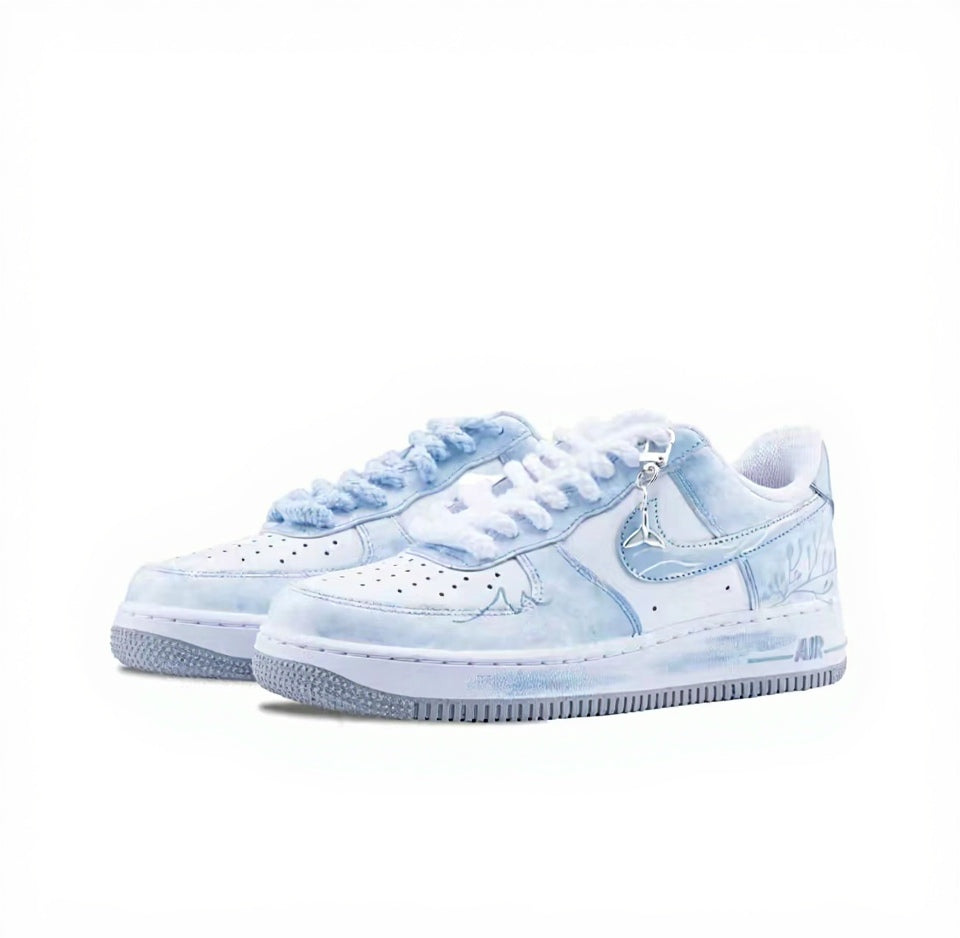 【Custom Sneakers】 Nike Air Force 1 Low Ethereal Spirit - Neo-Chinese Ink Wash Hand-Painted Skate Shoes Men's Celestial Blue with Dual Cloud Dye Laces & Jade Pendant