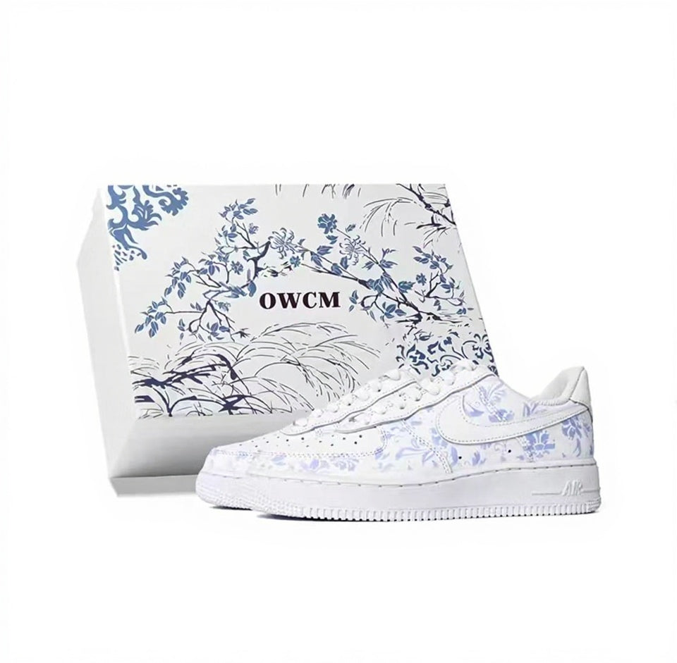【Custom Sneakers】 Nike Air Force 1 Low OWCM "Thermo-Porcelain" - Neo-Chinese Heritage Unisex Skate Shoes in Pure White with Anti-Slip CeramicGrip™