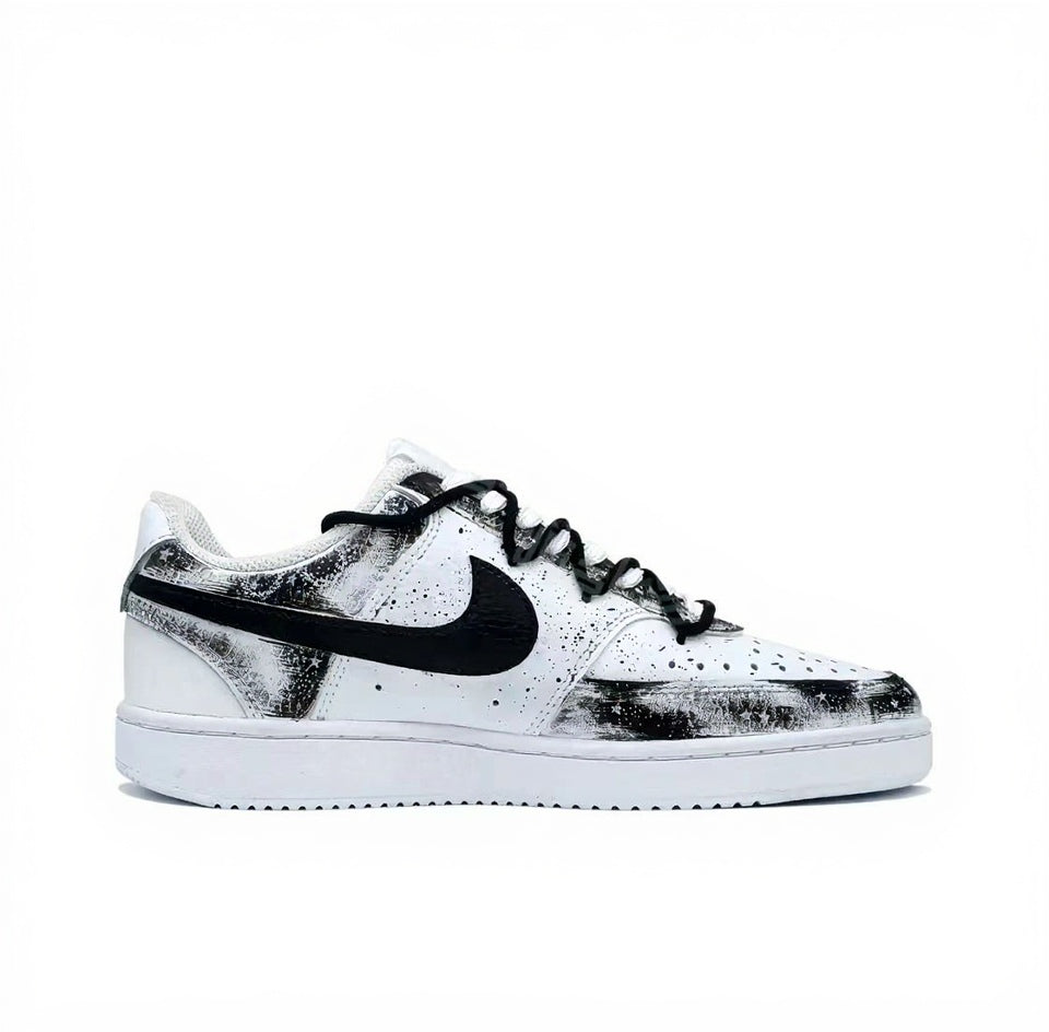 【Custom Sneakers】 Nike Court Vision 1 Low "Gothic Paladin" - Dark Ink Splatter Men's Skate Shoes in Phantom Black / Asphalt White