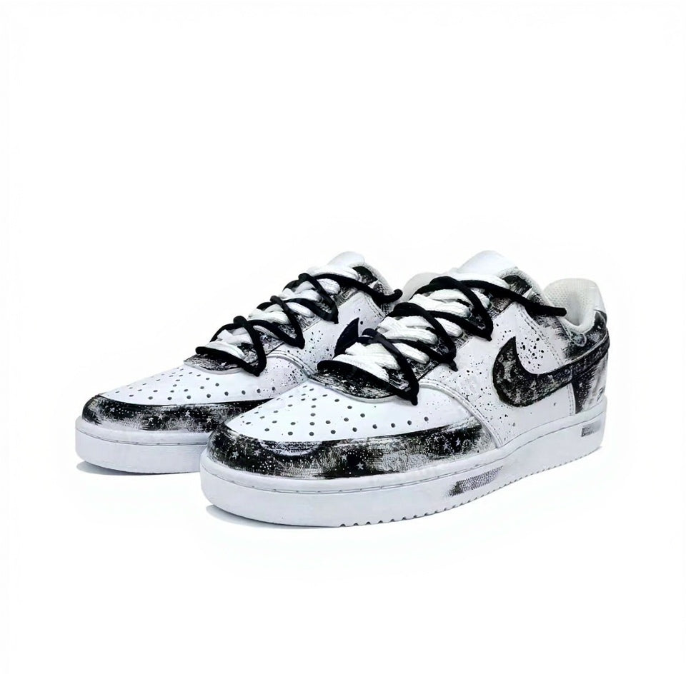 【Custom Sneakers】 Nike Court Vision 1 Low "Gothic Paladin" - Dark Ink Splatter Men's Skate Shoes in Phantom Black / Asphalt White