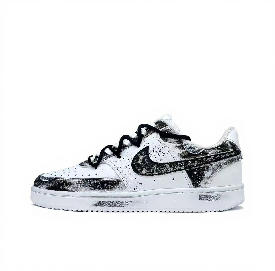 【Custom Sneakers】 Nike Court Vision 1 Low "Gothic Paladin" - Dark Ink Splatter Men's Skate Shoes in Phantom Black / Asphalt White