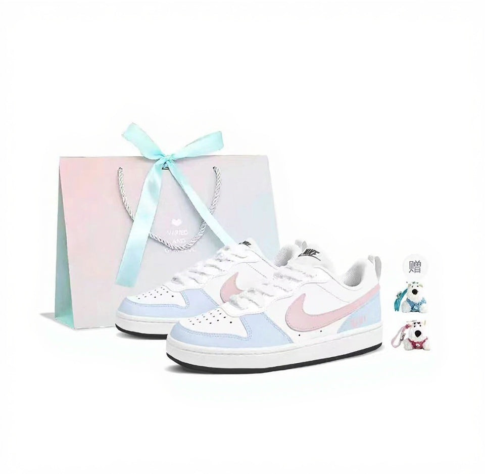 【Custom Sneakers】 Nike Court Borough Low GS "Sea Salt Peach" - Dreamy Dopamine Gift Bag Edition Low-Top Skate Shoes Women's Frosted Blue / Blush Pink
