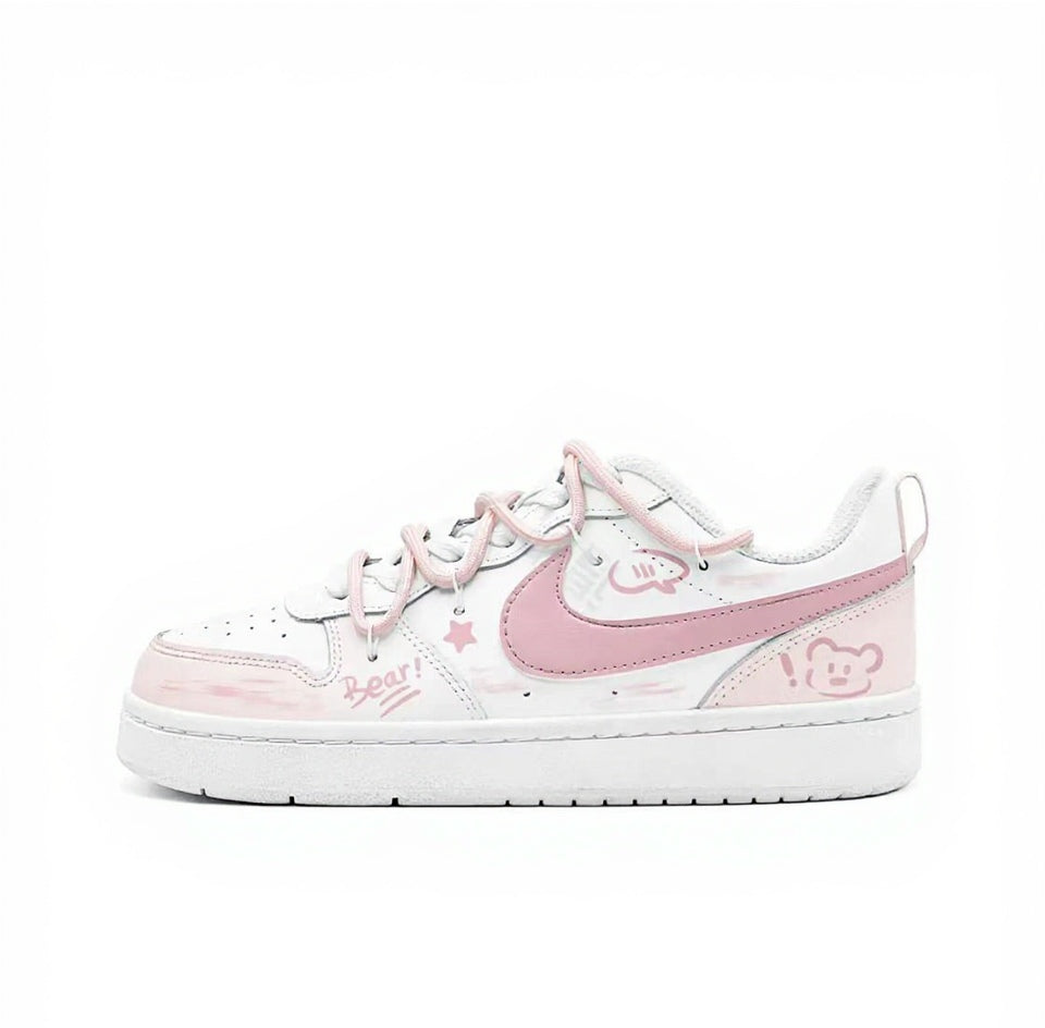 【Custom Sneakers】 Nike Court Borough Low 2 GS "Sweet Pink Bear" - Tween Sweetcore Low-Top Skate Shoes in Petal Pink / Frosted White with CloudShock™ Cushioning