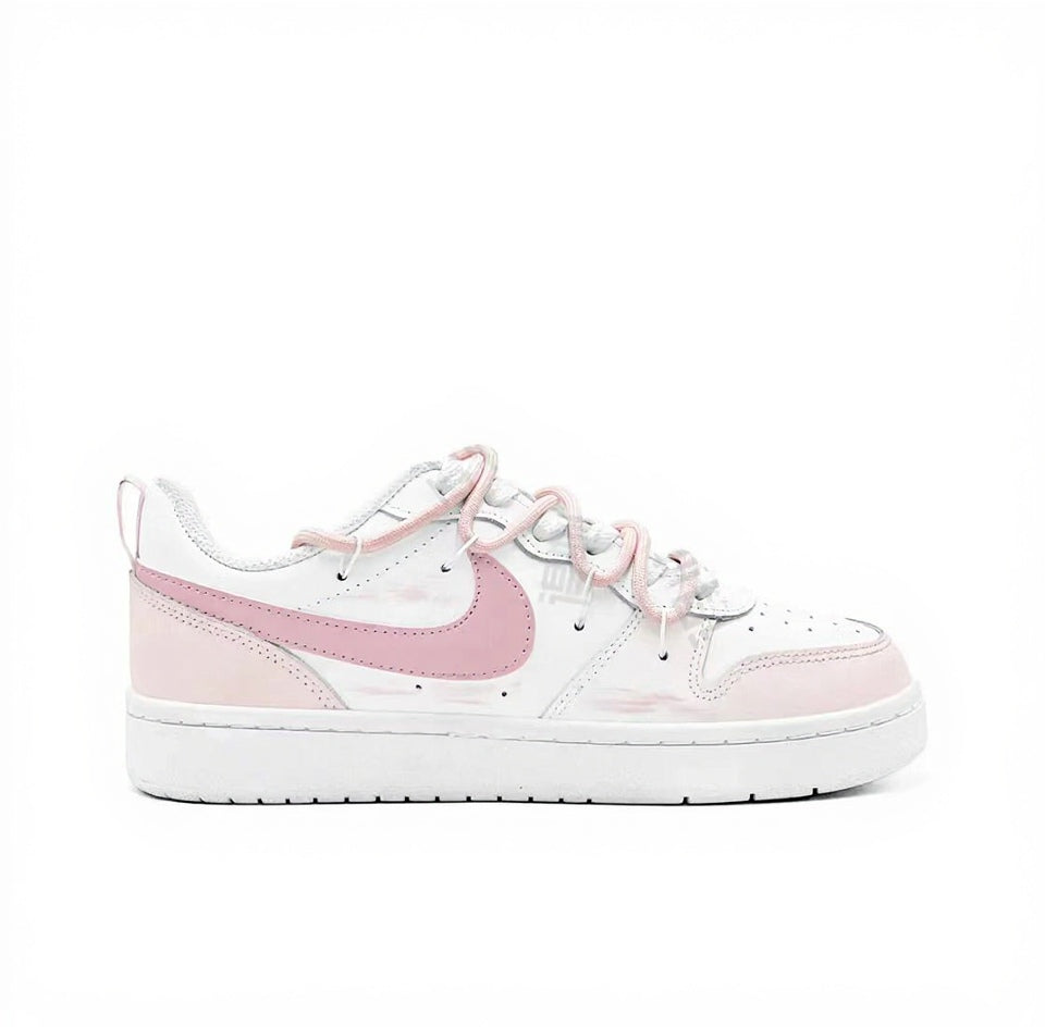 【Custom Sneakers】 Nike Court Borough Low 2 GS "Sweet Pink Bear" - Tween Sweetcore Low-Top Skate Shoes in Petal Pink / Frosted White with CloudShock™ Cushioning