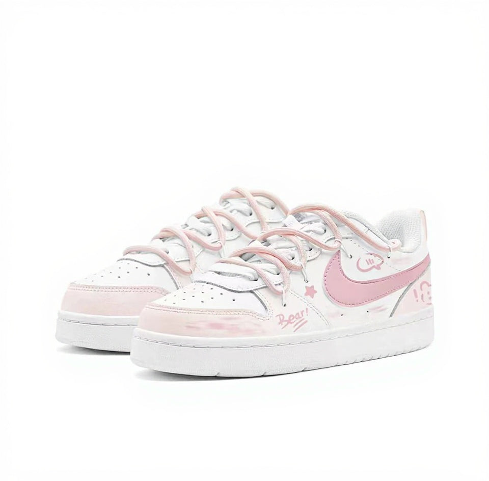 【Custom Sneakers】 Nike Court Borough Low 2 GS "Sweet Pink Bear" - Tween Sweetcore Low-Top Skate Shoes in Petal Pink / Frosted White with CloudShock™ Cushioning