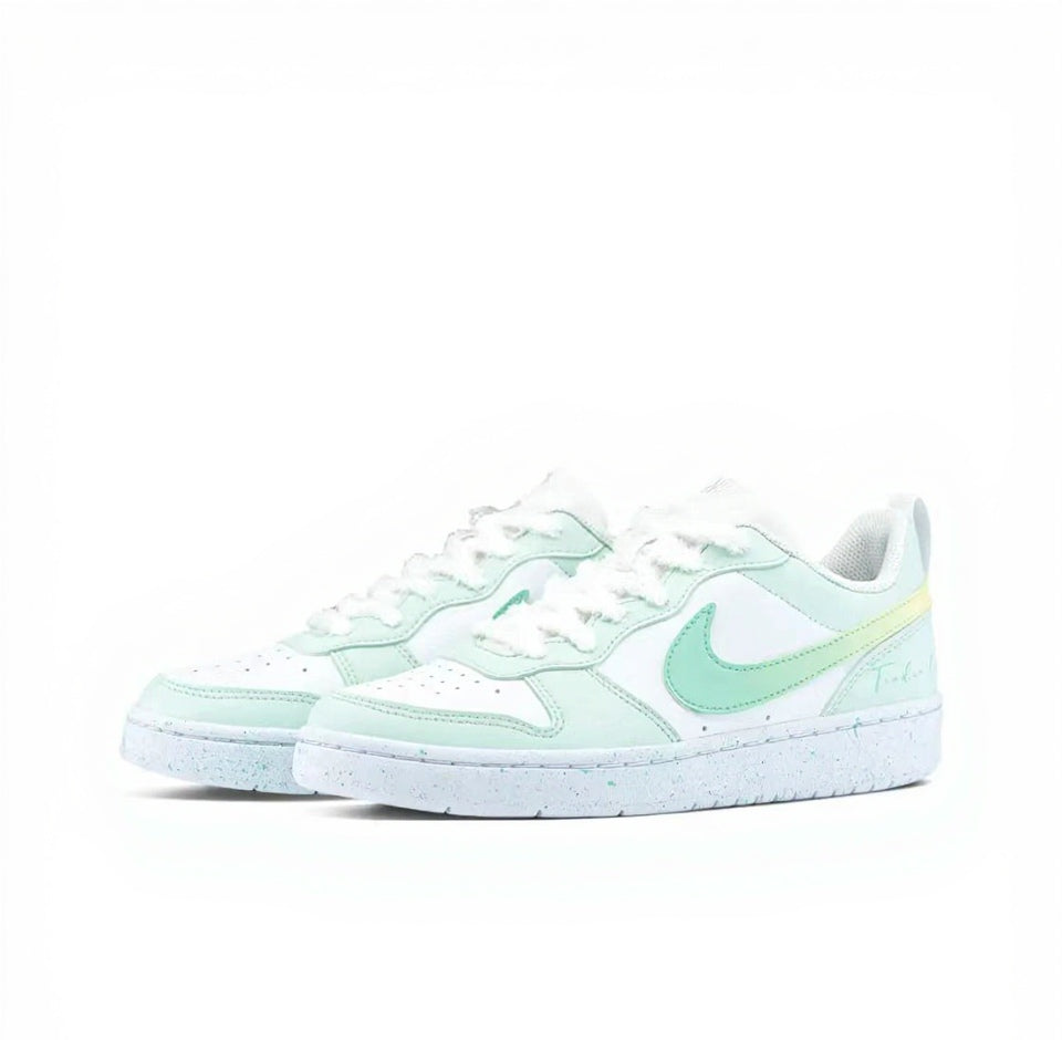 【Custom Sneakers】 Nike Court Borough Low GS Mint Cat Atelier - Dopamine Breeze Low-Top Skate Shoes Youth Coconut White  Spearmint with LeafGrip™ Tech