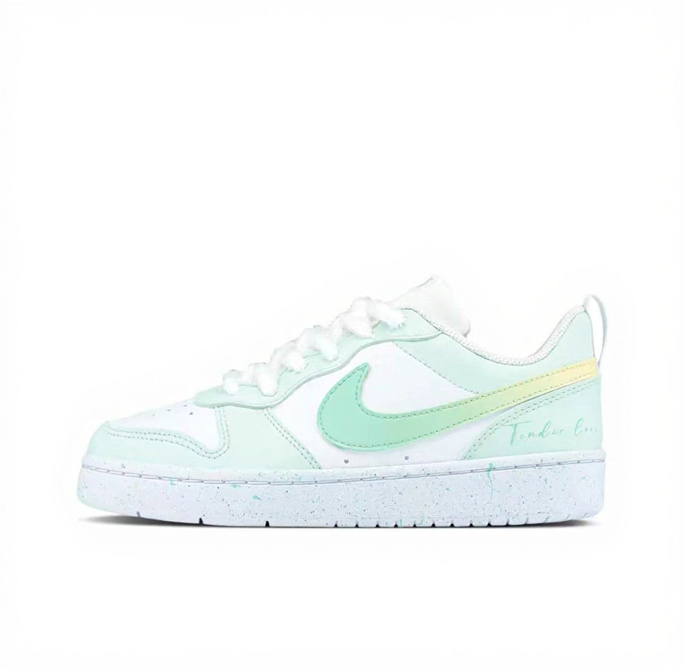 【Custom Sneakers】 Nike Court Borough Low GS Mint Cat Atelier - Dopamine Breeze Low-Top Skate Shoes Youth Coconut White  Spearmint with LeafGrip™ Tech