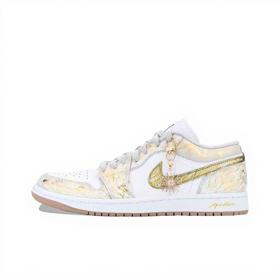 【Custom Sneakers】 Jordan Air Jordan 1 Low OG "Apollo Gold" - Sun-Kissed Metallic Low-Top Retro Sneakers Unisex White/Gold with Eclipse Cushion™ & Deluxe Gift Sleeve