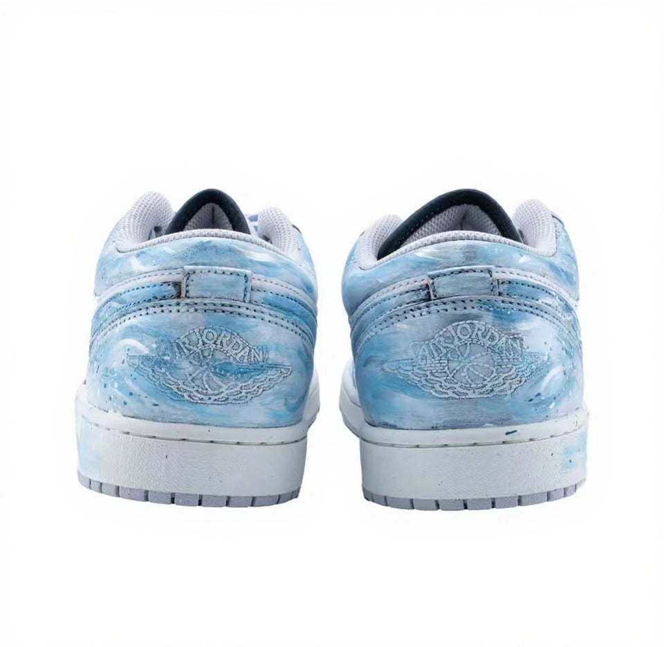 【Custom Sneakers】 Jordan Air Jordan 1 Low "Ocean's Heart" - Ombré Wave Decon Low-Top Retro Sneakers Unisex Celestial Blue with Anchor Splatter & Deluxe Gift Sleeve