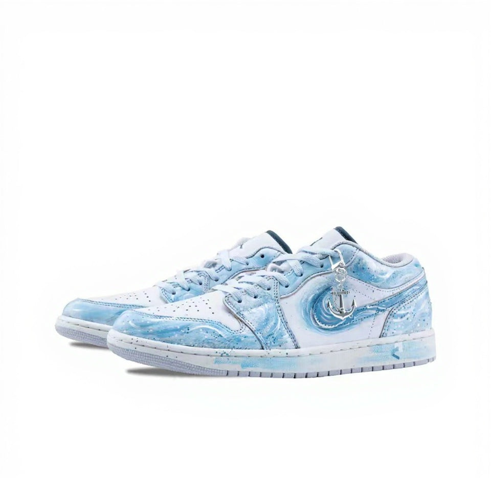【Custom Sneakers】 Jordan Air Jordan 1 Low "Ocean's Heart" - Ombré Wave Decon Low-Top Retro Sneakers Unisex Celestial Blue with Anchor Splatter & Deluxe Gift Sleeve