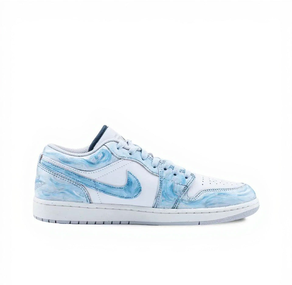 【Custom Sneakers】 Jordan Air Jordan 1 Low "Ocean's Heart" - Ombré Wave Decon Low-Top Retro Sneakers Unisex Celestial Blue with Anchor Splatter & Deluxe Gift Sleeve