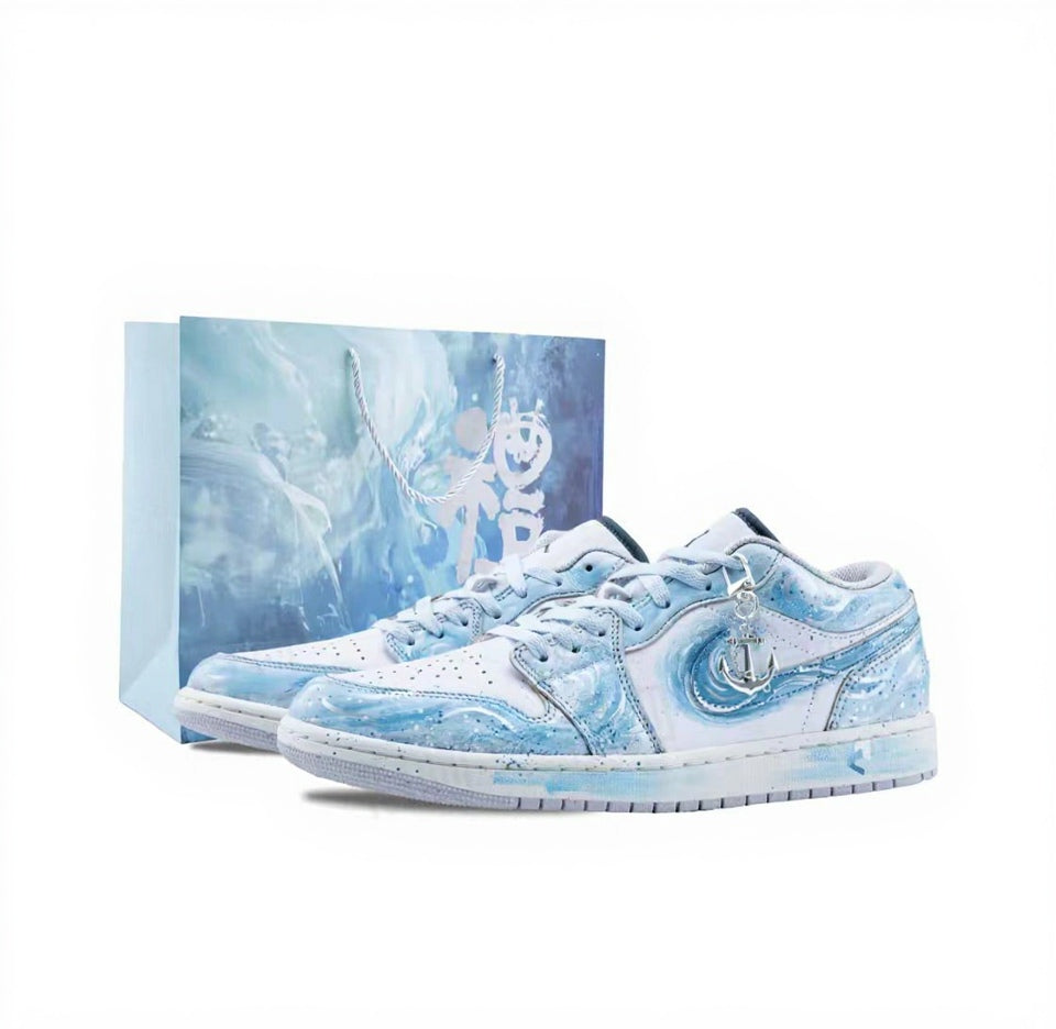 【Custom Sneakers】 Jordan Air Jordan 1 Low "Ocean's Heart" - Ombré Wave Decon Low-Top Retro Sneakers Unisex Celestial Blue with Anchor Splatter & Deluxe Gift Sleeve