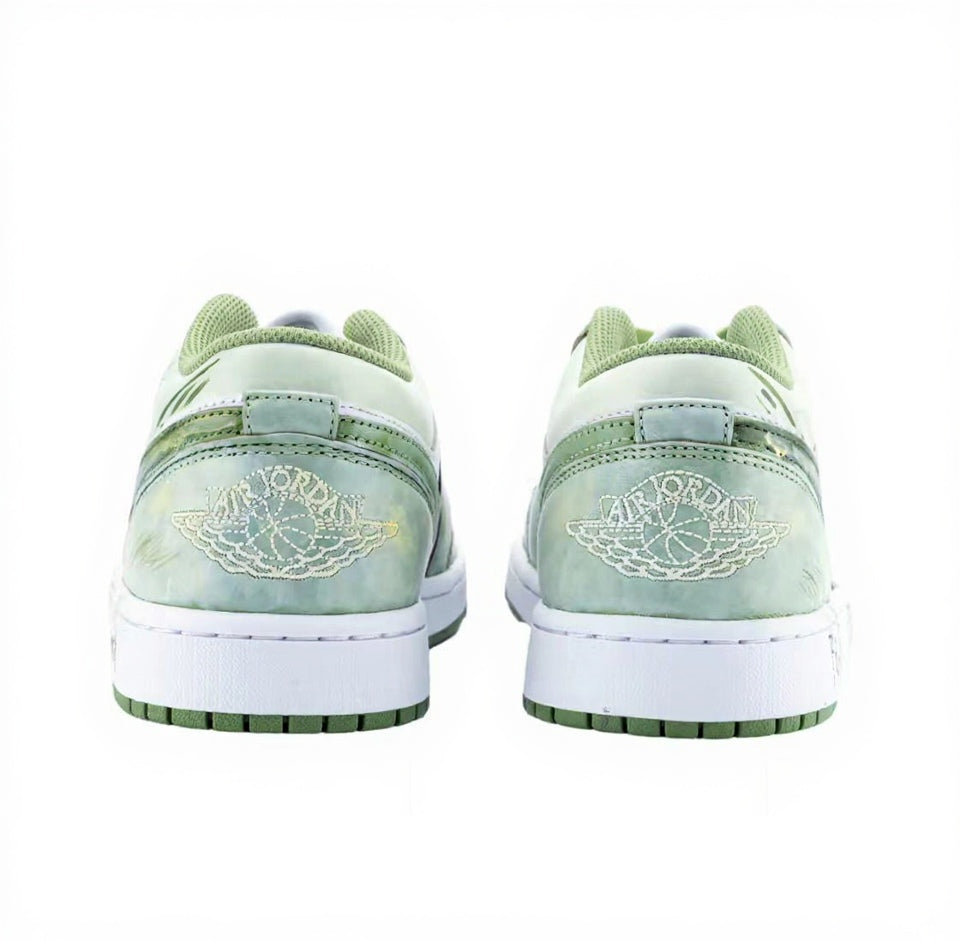 【Custom Sneakers】 Jordan Air Jordan 1 Low OG "Jade Dynasty" - Neo-Chinese Ink Wash & Graffiti Low-Top Retro Sneakers Unisex Bamboo Green with SplatterGrip™ Tech