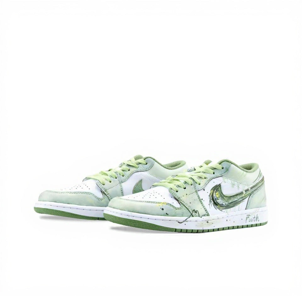 【Custom Sneakers】 Jordan Air Jordan 1 Low OG "Jade Dynasty" - Neo-Chinese Ink Wash & Graffiti Low-Top Retro Sneakers Unisex Bamboo Green with SplatterGrip™ Tech