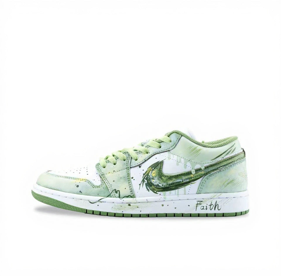 【Custom Sneakers】 Jordan Air Jordan 1 Low OG "Jade Dynasty" - Neo-Chinese Ink Wash & Graffiti Low-Top Retro Sneakers Unisex Bamboo Green with SplatterGrip™ Tech