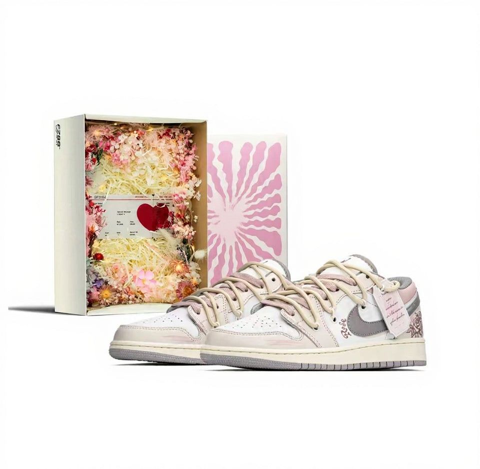 【Custom Sneakers】 Jordan Air Jordan 1 Low FZBB GS "Eternal Vows" - Rose-Embraced Low-Top Retro Sneakers Youth Ash Rose / Petal Blush
