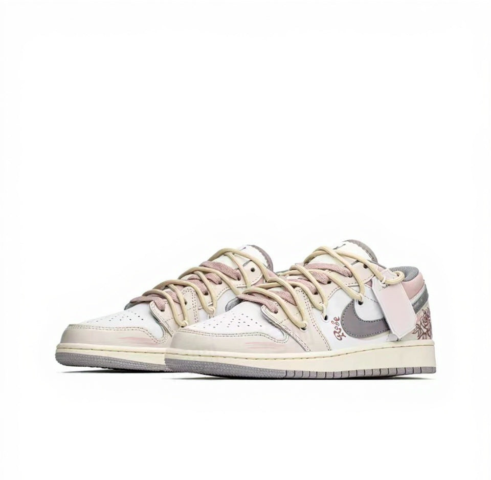 【Custom Sneakers】 Jordan Air Jordan 1 Low FZBB GS "Eternal Vows" - Rose-Embraced Low-Top Retro Sneakers Youth Ash Rose / Petal Blush
