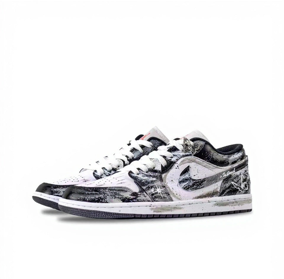 【Custom Sneakers】Air Jordan 1 Low "Starry Butterfly" - Hand-Painted Splatter & Gradient - Premium Box Set - Grey/White