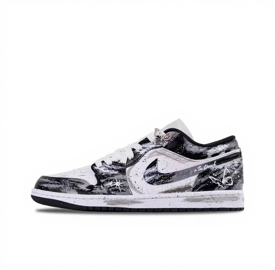 【Custom Sneakers】Air Jordan 1 Low "Starry Butterfly" - Hand-Painted Splatter & Gradient - Premium Box Set - Grey/White