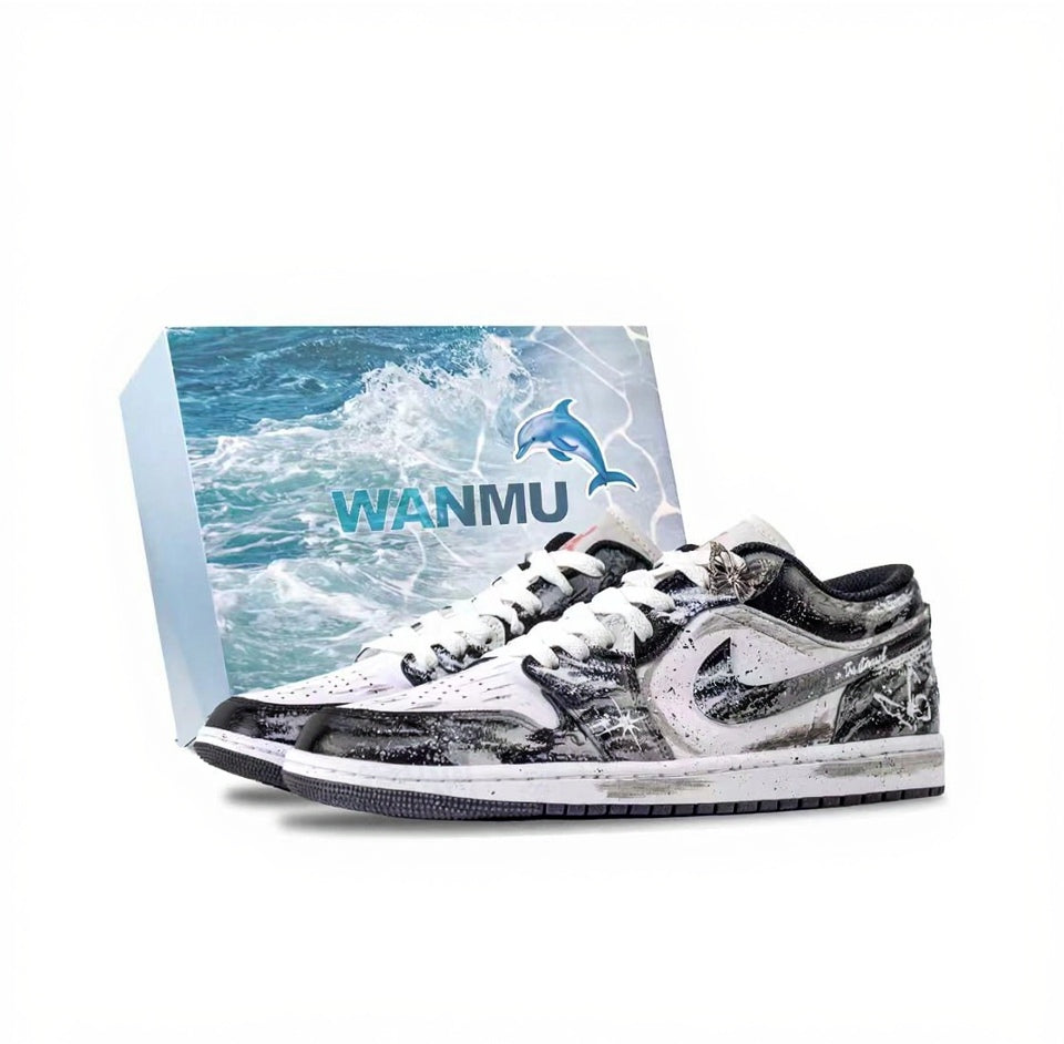【Custom Sneakers】Air Jordan 1 Low "Starry Butterfly" - Hand-Painted Splatter & Gradient - Premium Box Set - Grey/White