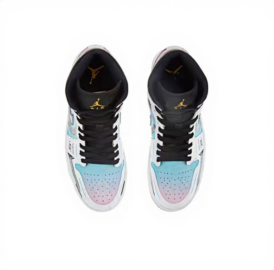【Custom Sneakers】Jordan Air Jordan 1 Mid FZBB PU Synthetic Leather Functional Pixel Play Cotton Candy Arcade Slip-Resistant Wear-Resistant High-Top Retro Basketball Shoes Men's Blue/Pink