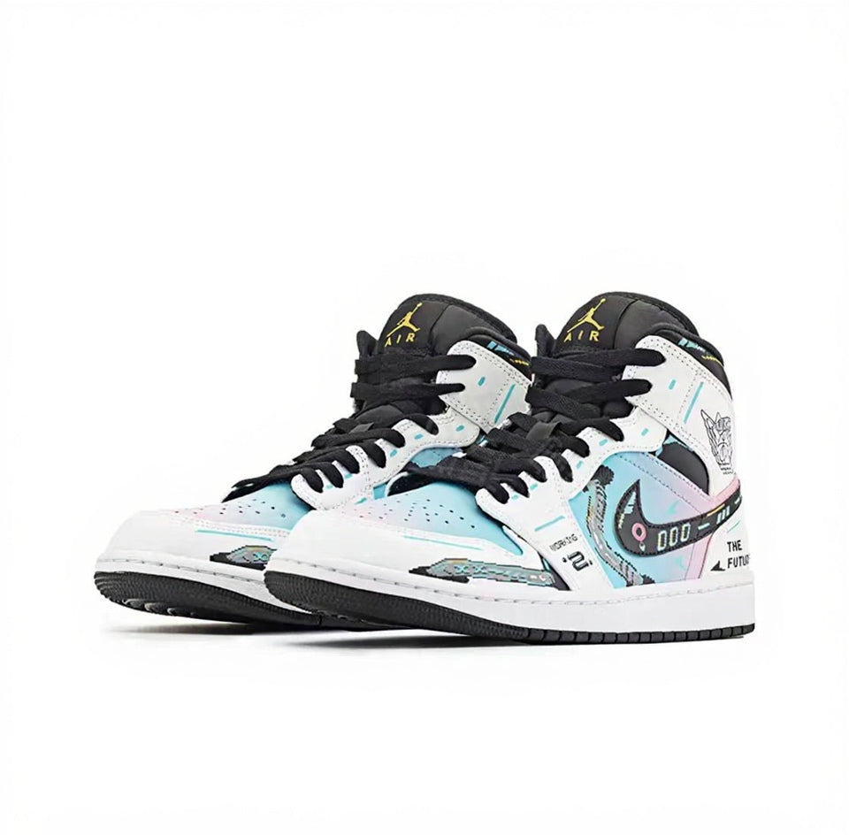 【Custom Sneakers】Jordan Air Jordan 1 Mid FZBB PU Synthetic Leather Functional Pixel Play Cotton Candy Arcade Slip-Resistant Wear-Resistant High-Top Retro Basketball Shoes Men's Blue/Pink