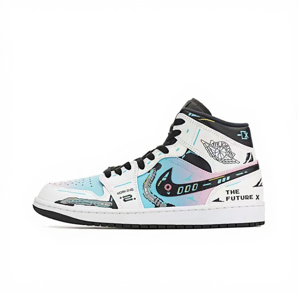 【Custom Sneakers】Jordan Air Jordan 1 Mid FZBB PU Synthetic Leather Functional Pixel Play Cotton Candy Arcade Slip-Resistant Wear-Resistant High-Top Retro Basketball Shoes Men's Blue/Pink