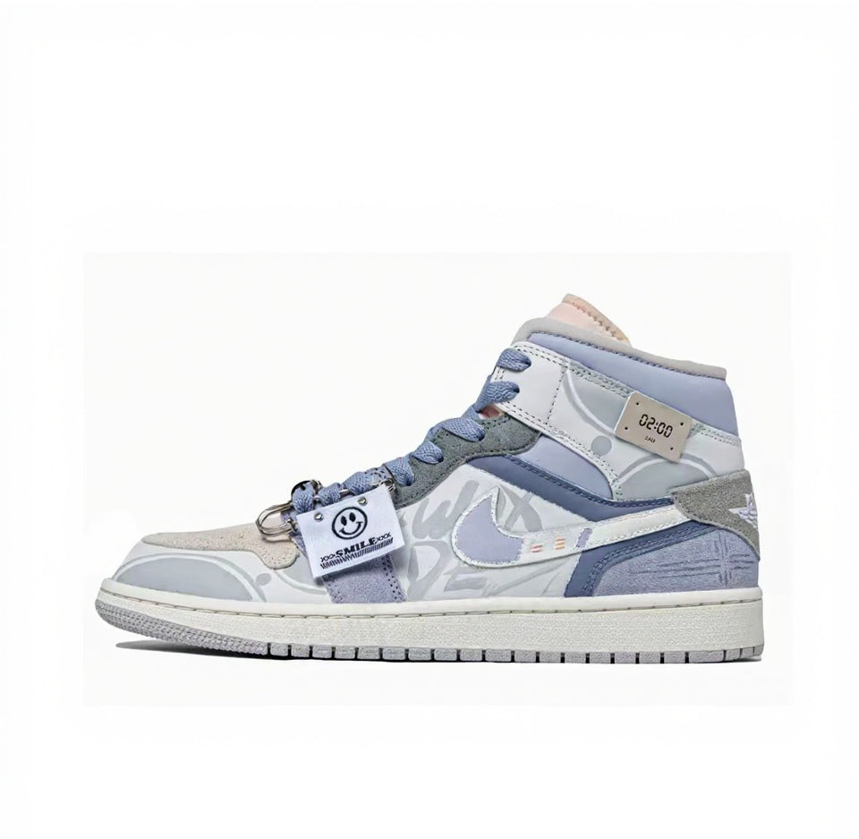 【Custom Sneakers】Jordan Air Jordan 1 Mid Leather Lavender Planet Futuristic Graffiti Special Packaging Box Minimalist Slip-Resistant Wear-Resistant High-Top Retro Basketball Shoes Men's Purple/Grey