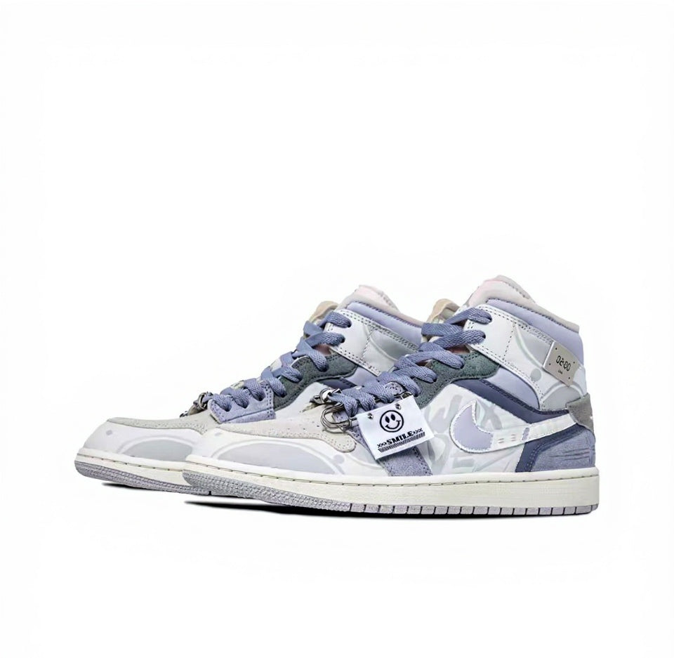 【Custom Sneakers】Jordan Air Jordan 1 Mid Leather Lavender Planet Futuristic Graffiti Special Packaging Box Minimalist Slip-Resistant Wear-Resistant High-Top Retro Basketball Shoes Men's Purple/Grey