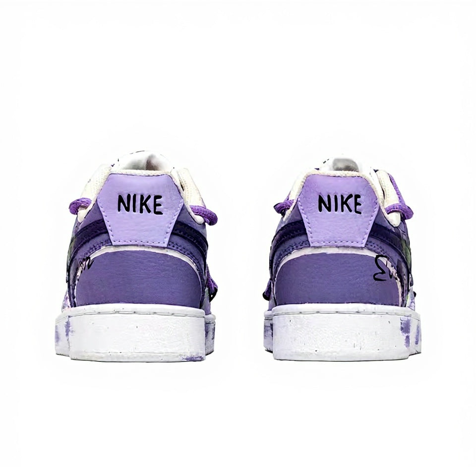【Custom Sneakers】 Nike Court Vision 1 EVA-01 Splash Ink Hand-Drawn Graffiti Street Style Fashion Versatile Slip-Resistant Wear-Resistant Low-Top Skate Shoes Men's White/Purple