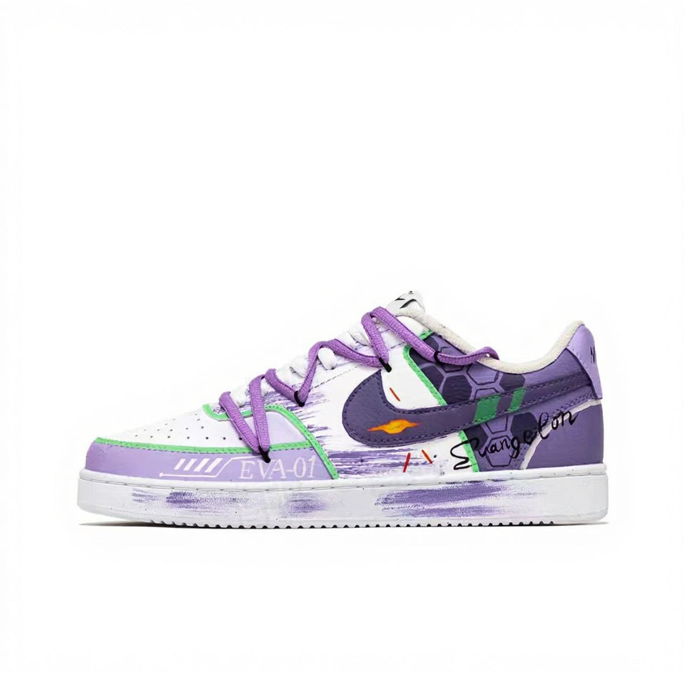 【Custom Sneakers】 Nike Court Vision 1 EVA-01 Splash Ink Hand-Drawn Graffiti Street Style Fashion Versatile Slip-Resistant Wear-Resistant Low-Top Skate Shoes Men's White/Purple