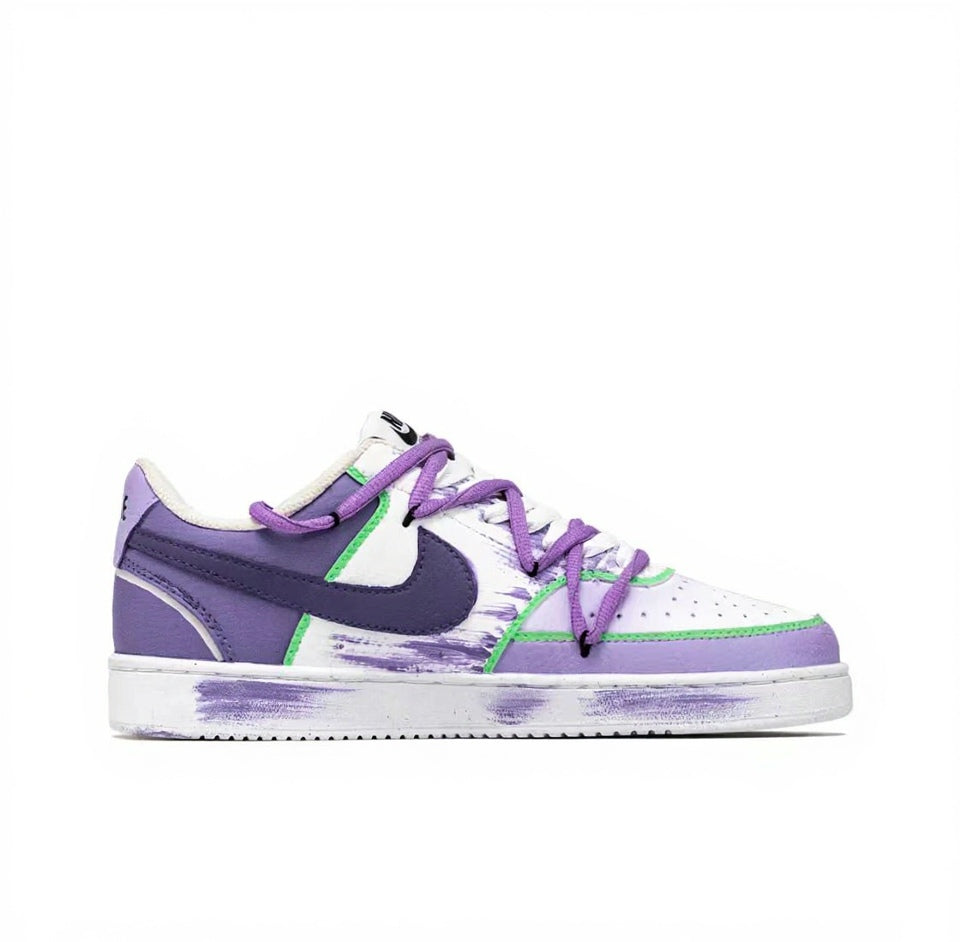 【Custom Sneakers】 Nike Court Vision 1 EVA-01 Splash Ink Hand-Drawn Graffiti Street Style Fashion Versatile Slip-Resistant Wear-Resistant Low-Top Skate Shoes Men's White/Purple