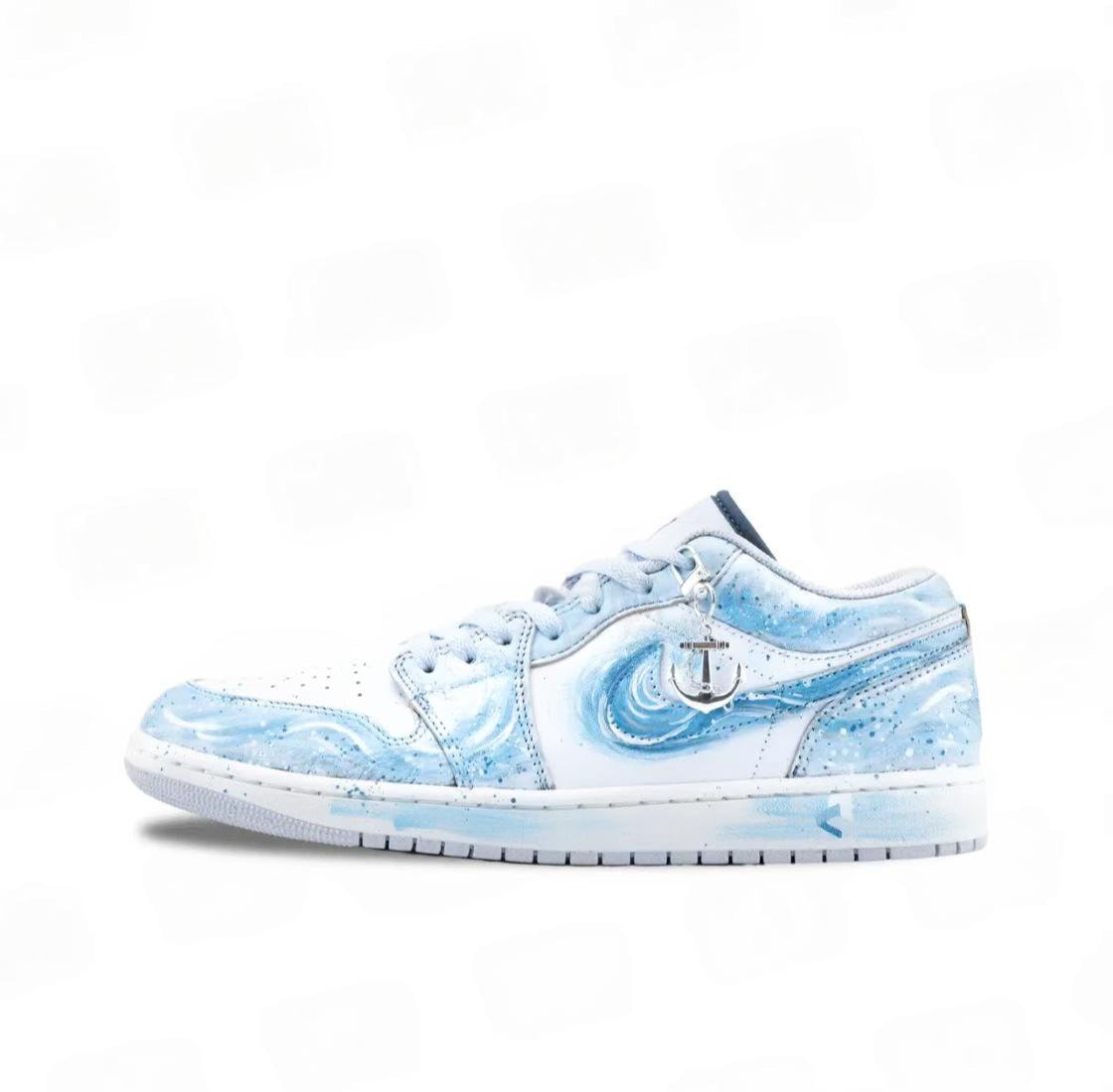 【Custom Sneakers】 Jordan Air Jordan 1 Low "Ocean's Heart" - Ombré Wave Decon Low-Top Retro Sneakers Unisex Celestial Blue with Anchor Splatter & Deluxe Gift Sleeve